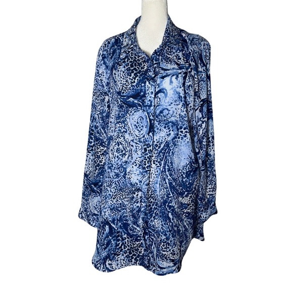 Chico’s Blue Animal Print Embellished Blouse Tunic Top Sz 3 L/XL Statement Glam - Picture 1 of 4